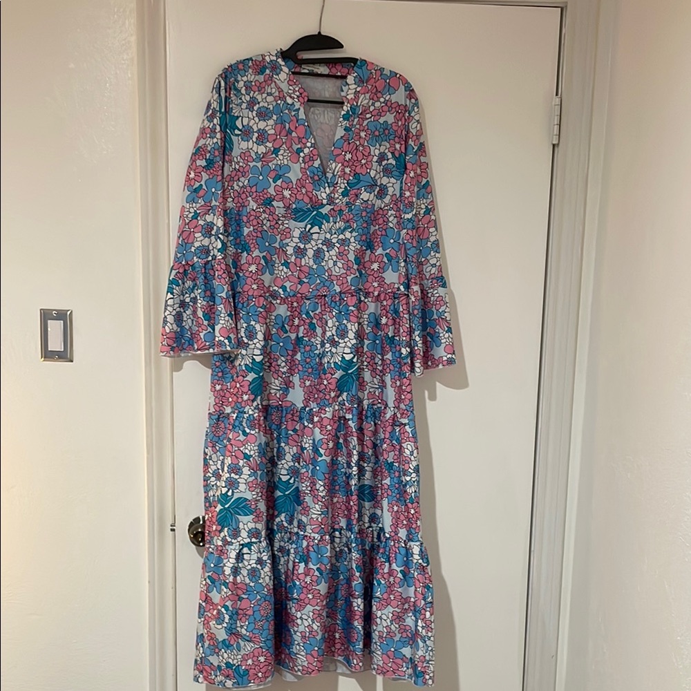 Chic Spring Floral Long Sleeve Dress - Pink and Blue